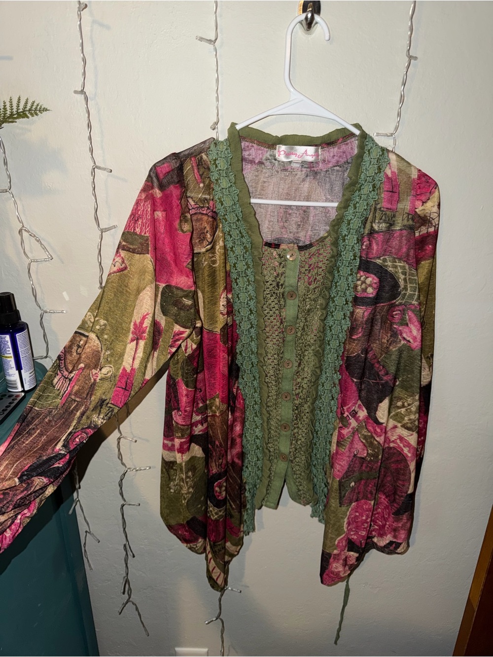 Vintage Pretty Angel Pink &Olive Green Boho Button Down blouse with tie on back